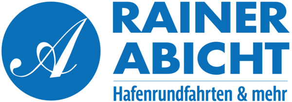 Rechts in blauer Schrift die Wörter Rainer Abicht, darunter in blauer Schrift steht Hafenrundfahrten & mehr. Auf der linken Seite im Logo in einem Kreis ein A.