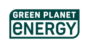 Das Logo von Green Planet Energy ist in einem grünen abgerundeten Rahmen mit weißer und grüner Schrift. 
