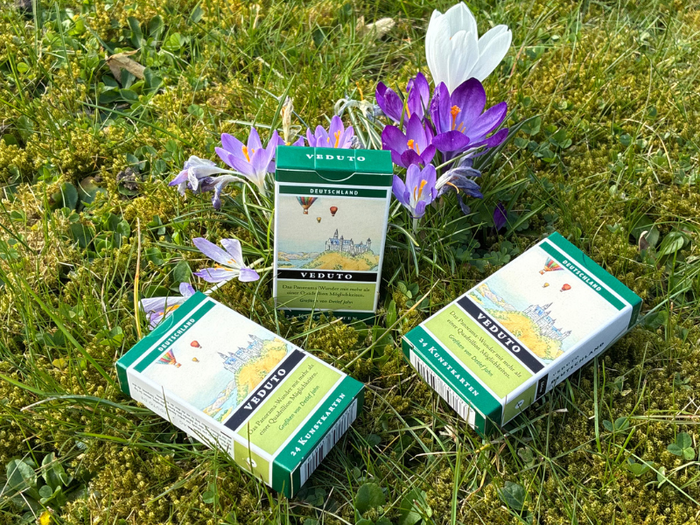 Auf dem Bild sieht mein drei von en exklusiven Kartendecks von dem künstler Detlef John. Sie liegen im Rasen. Im Hintergrund sind Blumen.