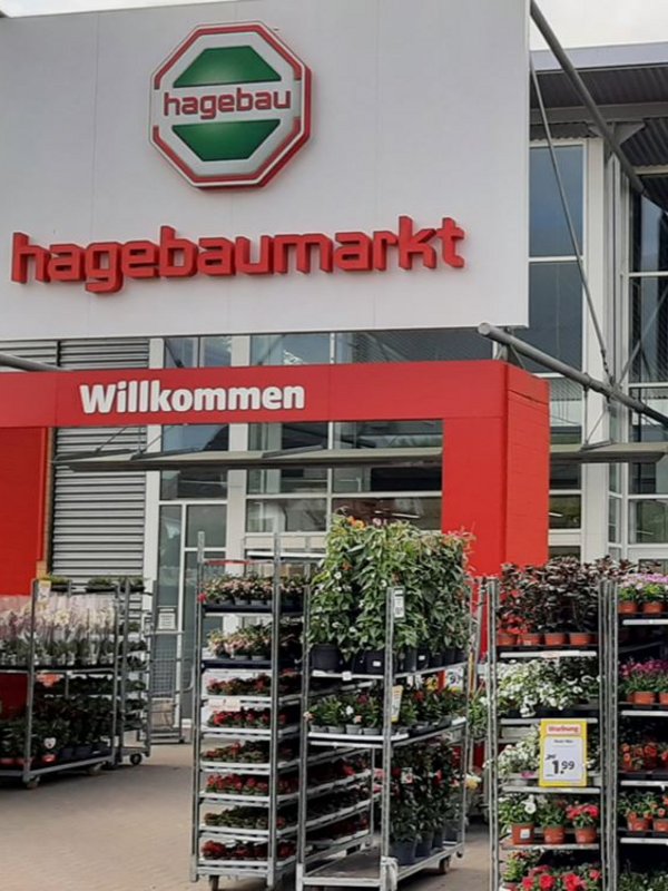 Der Eingangsbereich zum Geschäft von Hagebaumarkt ist zugestellt mit Blumenwagen. Im Hintergrund sieht man aber die Glasfront des Einganges, sowie die Leuchtreklame mit dem Logo. 