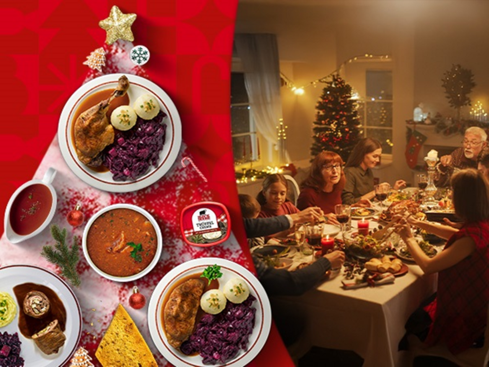 Tisch voller klassichen Köstlichkeitengedeckt mit roter Tischdecke und BlockHouse Creme. Daneben sitzt eine Familie am gedeckten Tisch im Hintergrund ist ein geschmückter Weihnachtsbaum