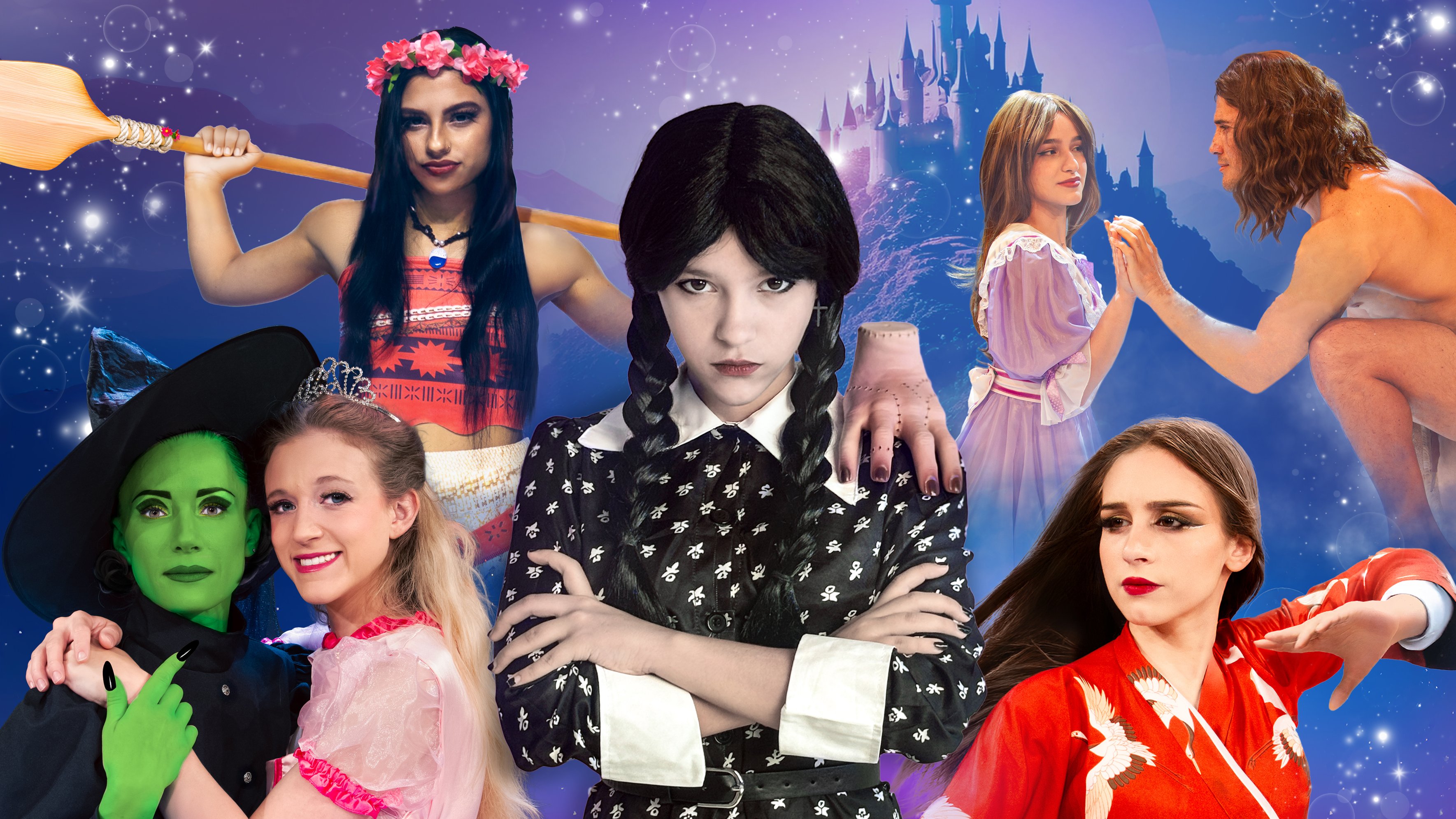 Lilafarbener Hintergrund mit Sternen und blauem Märchenschloss, davor sind nebeneinanander die Darsteller der verschiedenen Musicals