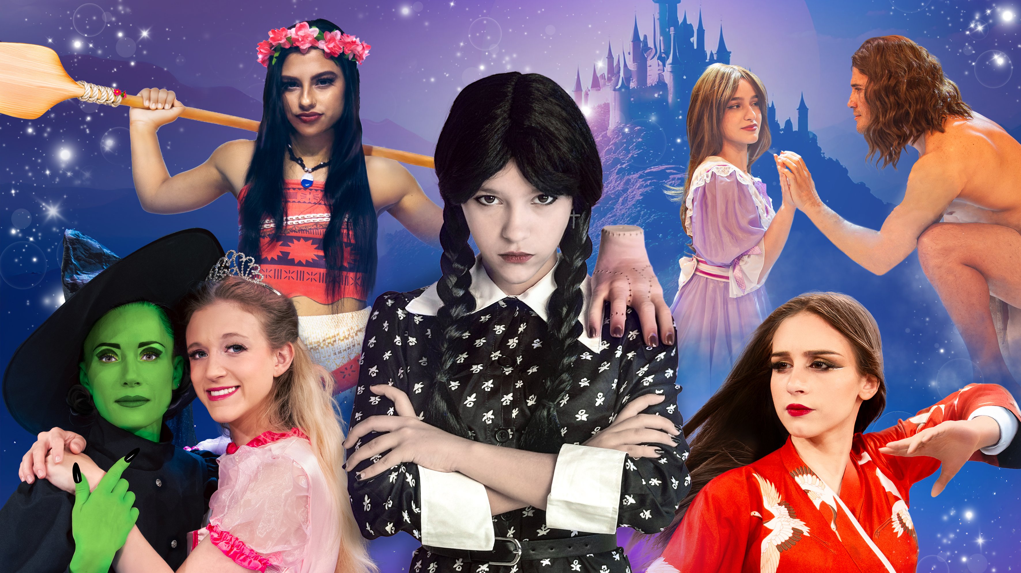 Lilafarbener Hintergrund mit Sternen und blauem Märchenschloss, davor sind nebeneinanander die Darsteller der verschiedenen Musicals
