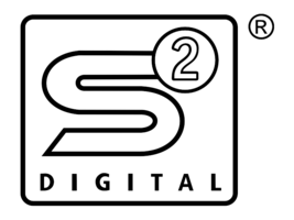 DAs Logo von S 2 Digital hat einen schwarzen Rand und enthält ein größes S in der Mitte, eine kleine 2 in der rechten, oberen Ecke und das Wort 'Digital' im unteren Bereich. 