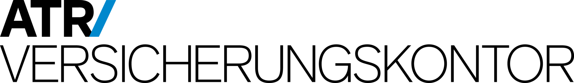 Das Logo von ATR/Versicherungskontor ist hier in schwarzer Schrift ausgeschrieben. Der Schrägstrich ist blau. 