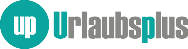 Logo, mintfarbender Kreis mit den Buchstaben u und p, daneben das Wort Urlaubsplus ausgeschrieben in grau, nur die Buchstaben U und p in dem Wort sind mintfarbend