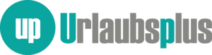 Logo, mintfarbender Kreis mit den Buchstaben u und p, daneben das Wort Urlaubsplus ausgeschrieben in grau, nur die Buchstaben U und p in dem Wort sind mintfarbend