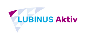 Das Logo von Lubinus Aktiv enthält den Schriftzug in den Farben Cyan und Magenta. Links an der Seite ist noch ein grau, weißes Dreieck.  