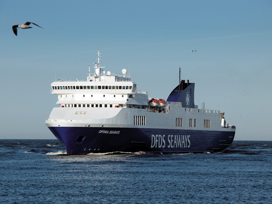 Auf blauem Wasser schwimmt ein Dampfer von DFDS. Im Hintergrund ist blauer Himmel und es fliegt eine Möwe in dem Bild. 