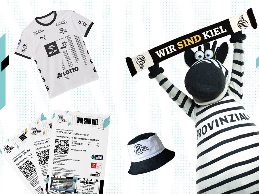 Auf der linken Seite Fanartikel, Trikot, Eintrittskarten und Fanhut, rechts steht das Zebra Maskottchen Hein Daddel, der einen Fachschal in die Höhe hält