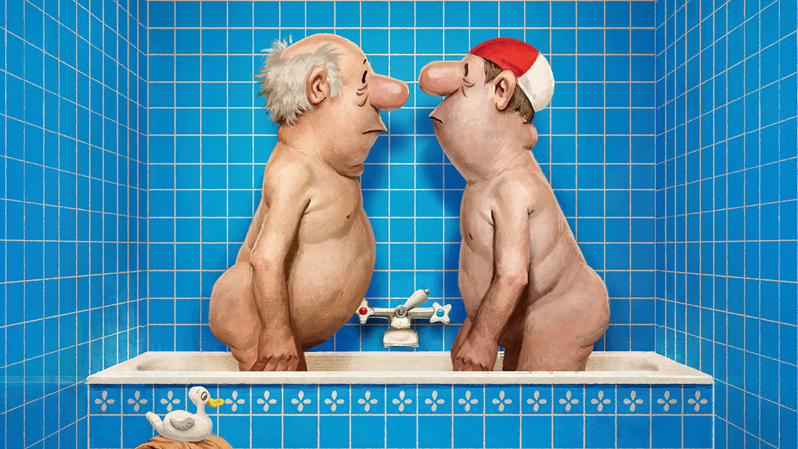 Zwei nackte männliche Karikaturen, einer mit Badekappe, stehen Nase an Nase in einer Badewanne. Das komplette Bad ist blau gefliest. 