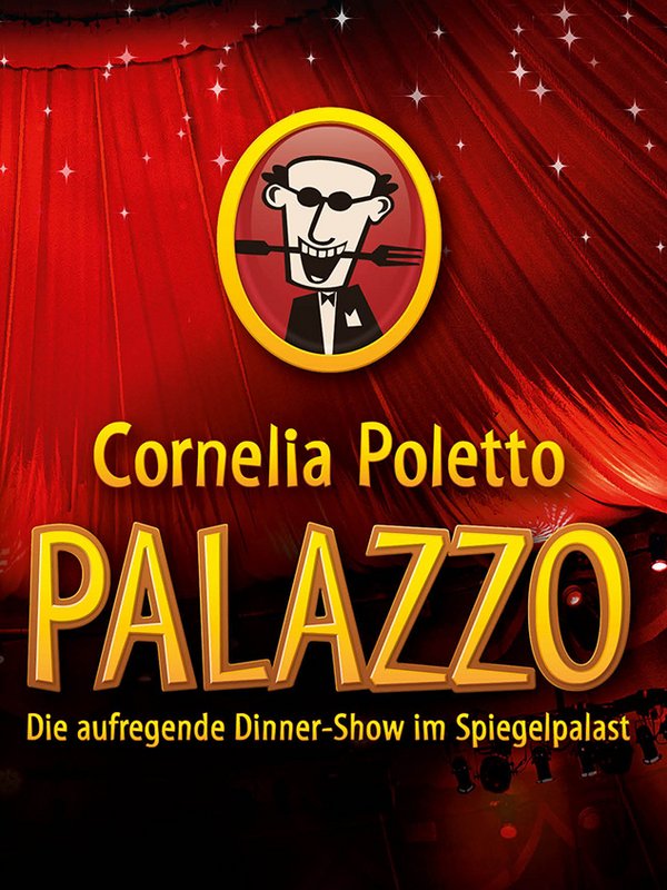 Cornelia Poletto links im Bild mit hellblauer Kochjacke, der Hintergrund ist dunkelrot. Rechts daneben ist das Logo vom Palazzo, darunter der Schriftzug Cornelia Poletto in gelb und darunter in noch größerer Schrift Palazzo in fetten gelben Buchstaben