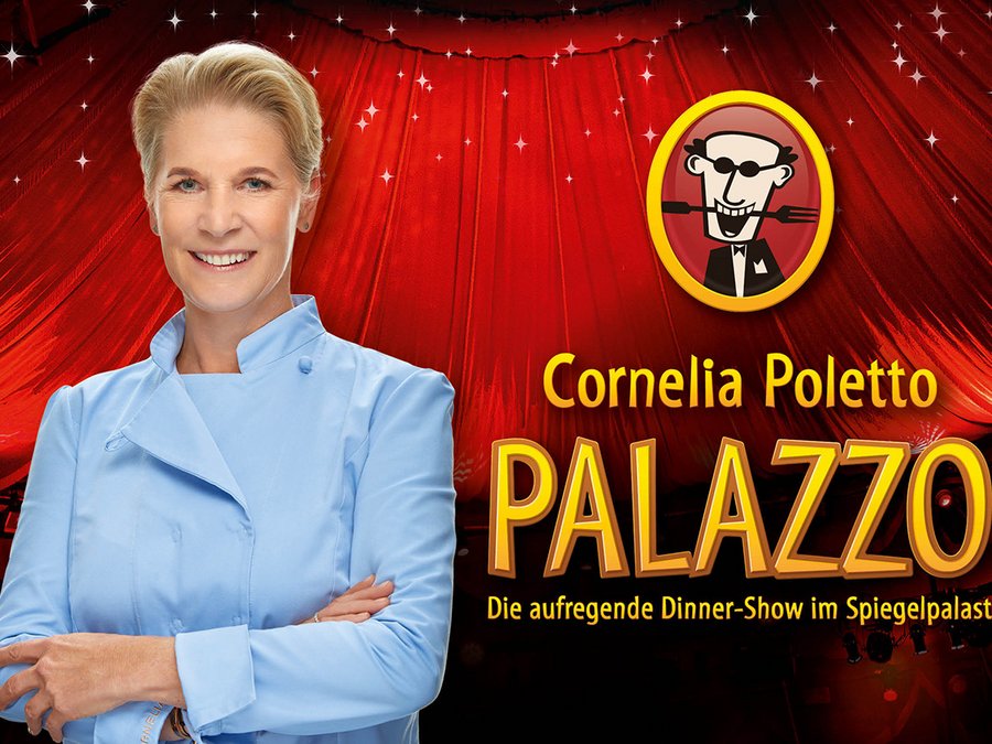 Cornelia Poletto links im Bild mit hellblauer Kochjacke, der Hintergrund ist dunkelrot. Rechts daneben ist das Logo vom Palazzo, darunter der Schriftzug Cornelia Poletto in gelb und darunter in noch größerer Schrift Palazzo in fetten gelben Buchstaben