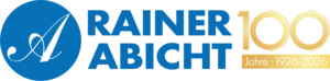 Blaues Logo Rainer Abicht Elbreederei mit rechts einer Zahl 100 zum Jubiläum.