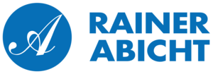 Rechts in blauer Schrift die Wörter Rainer Abicht und auf der linken Seite im Logo in einem Kreis ein A.
