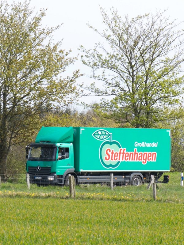 Ein grüner LKW von Steffenhagen fährt gerade über eine Landstraße. Drum herum sind Bäume und Wiesen. 
