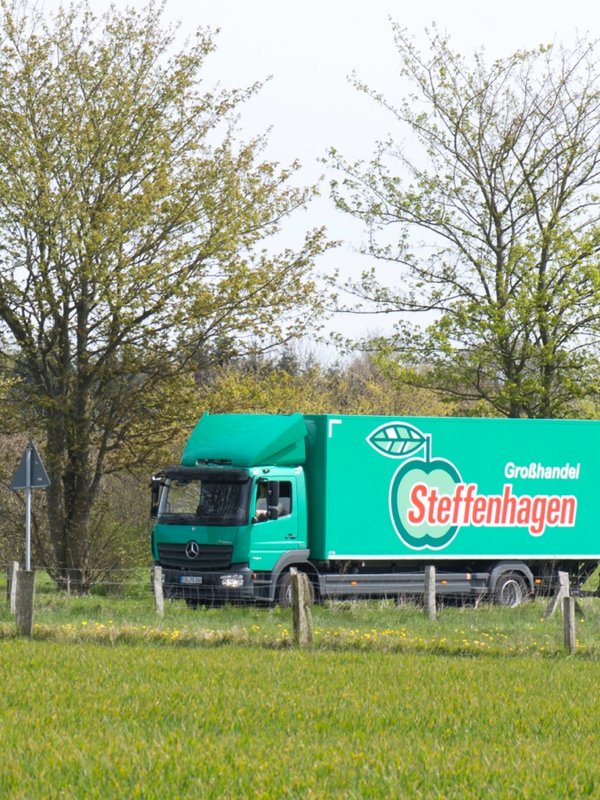 Ein grüner LKW von Steffenhagen fährt gerade über eine Landstraße. Drum herum sind Bäume und Wiesen. 