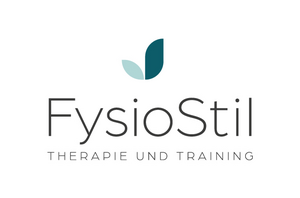 Auf einem weißen Hintergrund ist der Schriftzug von FysioStil in grauer Schrift. Darüber sind zwei Blätter in einem Mint und Grün Farbton. 