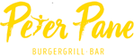 Peter Pane in großer, gelber, geschwungener Schrift. Das T im Wort Peter Pane soll Peter Pan mit weit ausgestreckten Armen darstellen. Klein darunter Burgergrill Bar in Großbuchstaben. 
