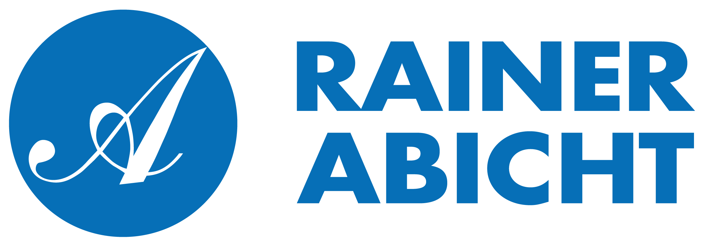 Rechts in blauer Schrift die Wörter Rainer Abicht und auf der linken Seite im Logo in einem Kreis ein A.
