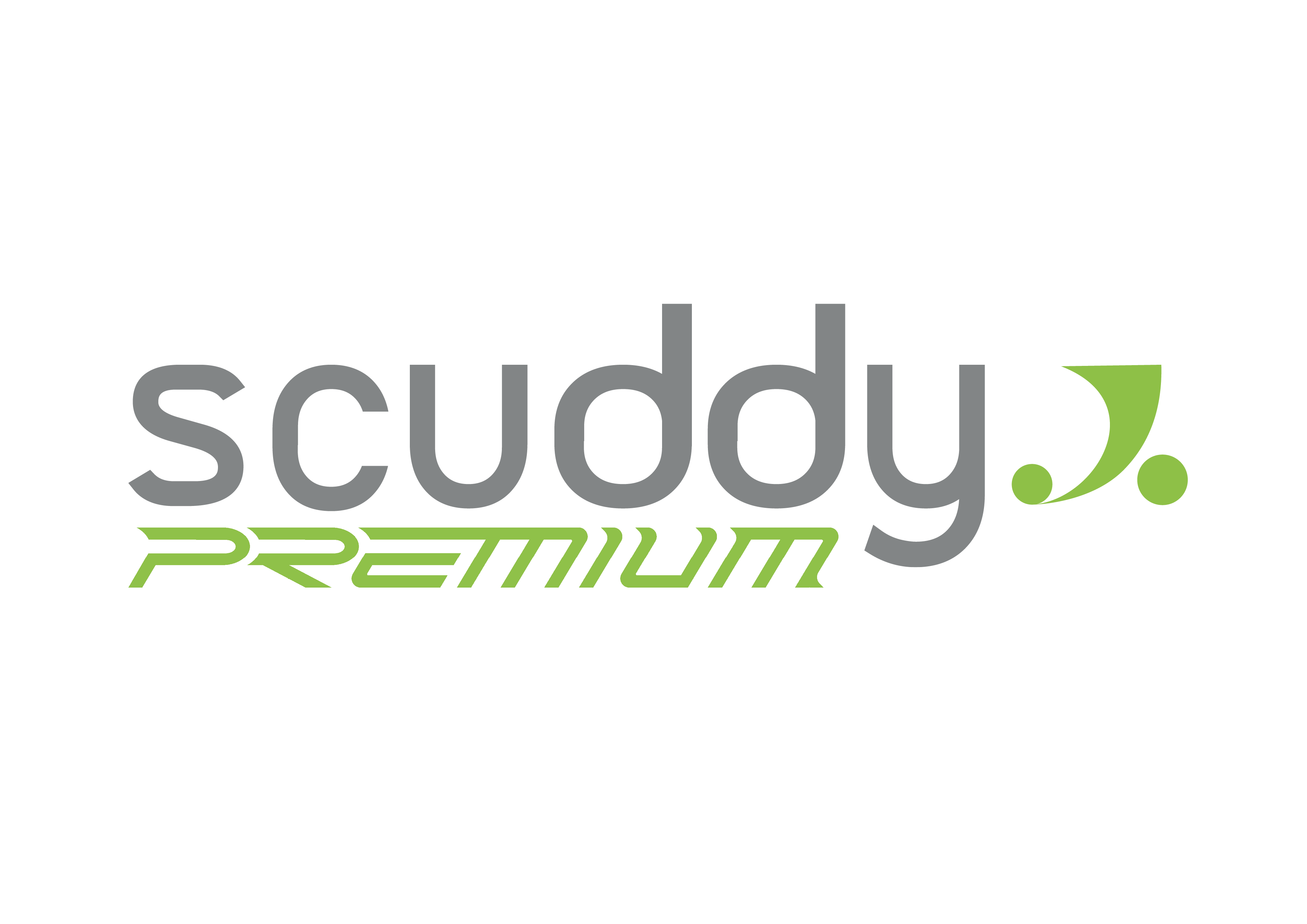 Das Logo besteht aus einem grauen 'Scuddy' und einem grünen 'Premium' Schriftzug. 