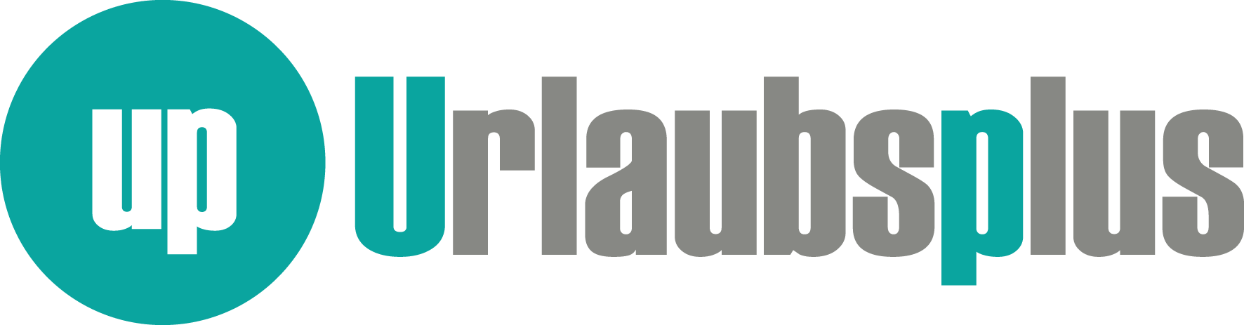 Logo, mintfarbender Kreis mit den Buchstaben u und p, daneben das Wort Urlaubsplus ausgeschrieben in grau, nur die Buchstaben U und p in dem Wort sind mintfarbend
