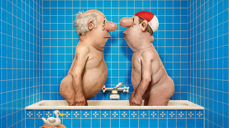 Zwei nackte männliche Karikaturen, einer mit Badekappe, stehen Nase an Nase in einer Badewanne. Das komplette Bad ist blau gefliest. 